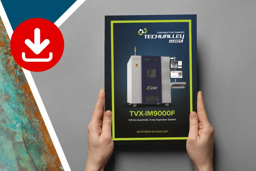 Techvalley TVX-im9000F inspection system flyer held by hands alongside a download icon