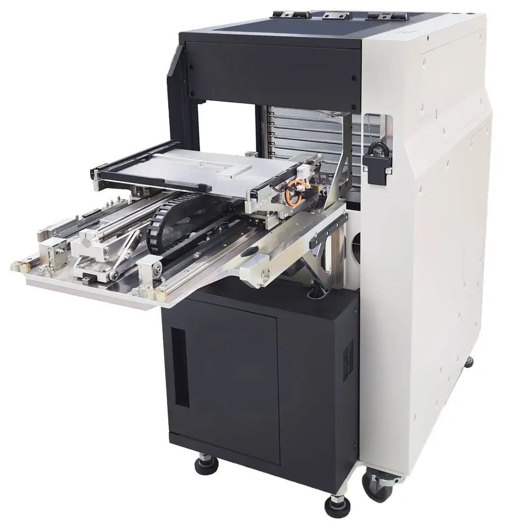 The Yamaha ATS mechanism seen from within the cATS30 ATS where it collects the tray from the stack and supply
