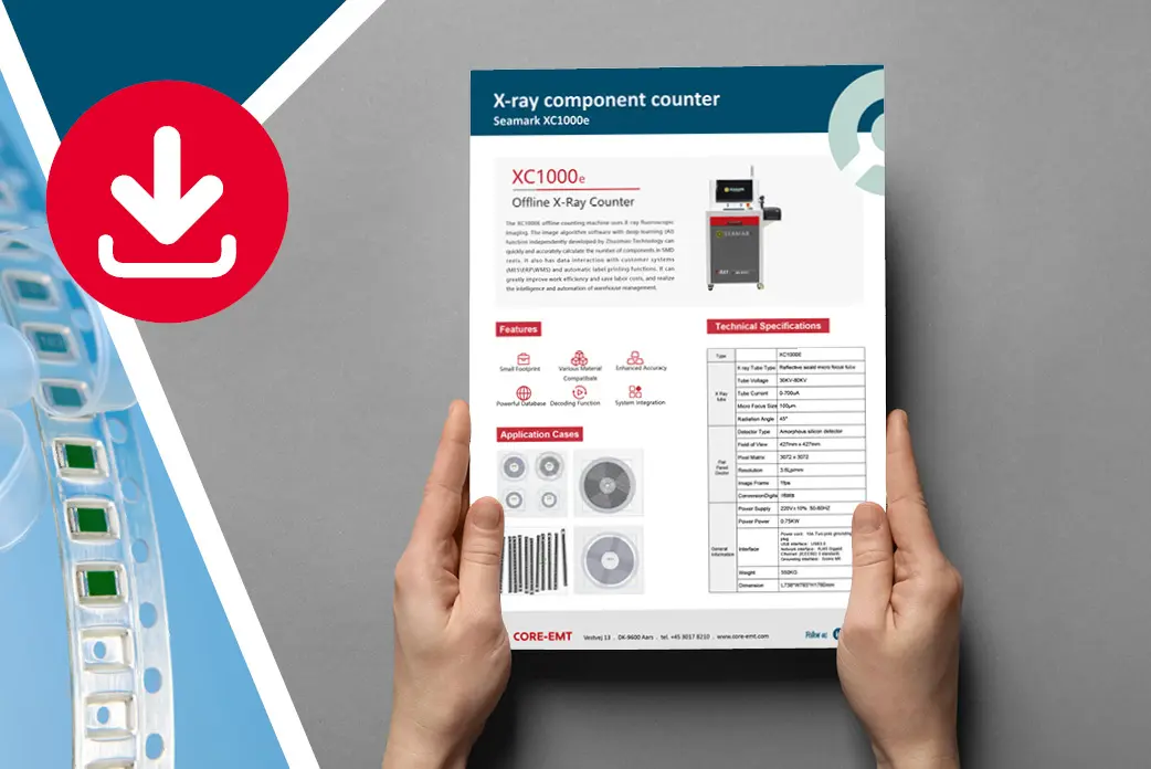 Seamark XC1000E product flyer held in hands with a download icon on the side