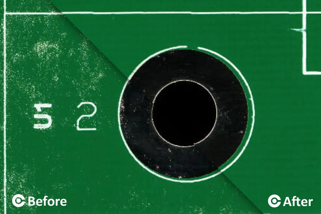 Example before and after PCB cleaning with Nutek cleaning conveyor