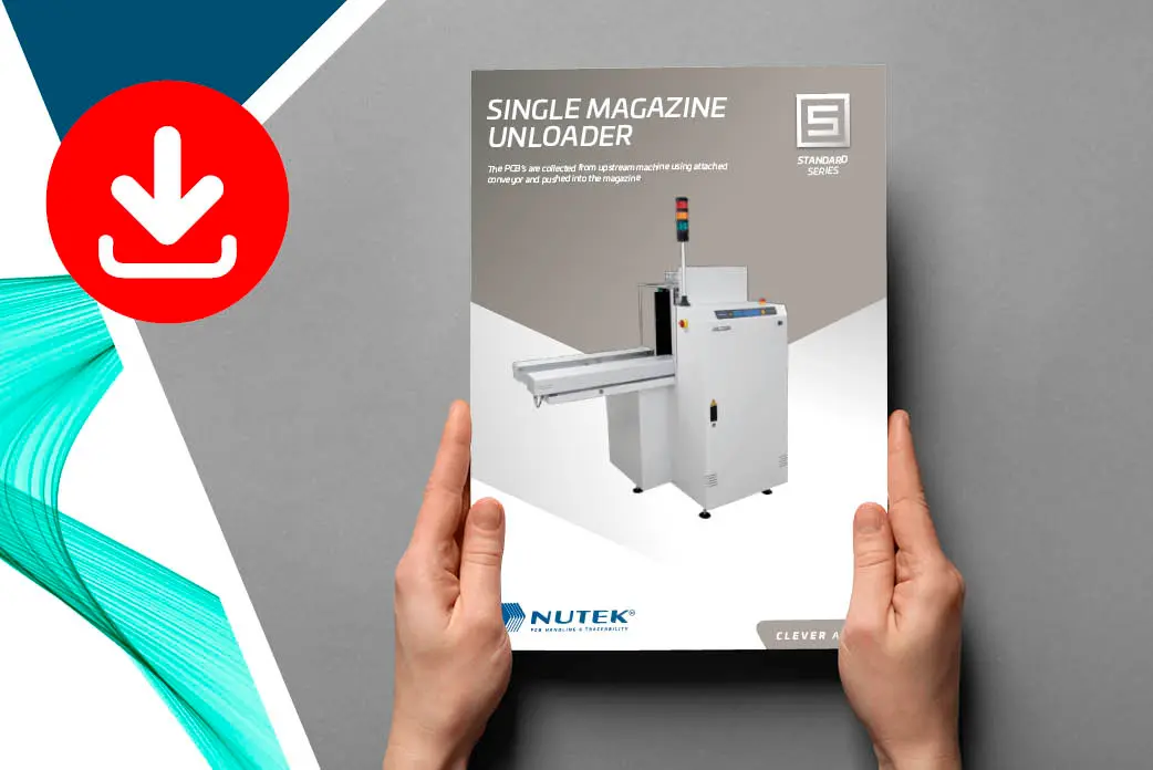 Nutek spec sheet with data on the single unloader PCB conveyor from Nutek