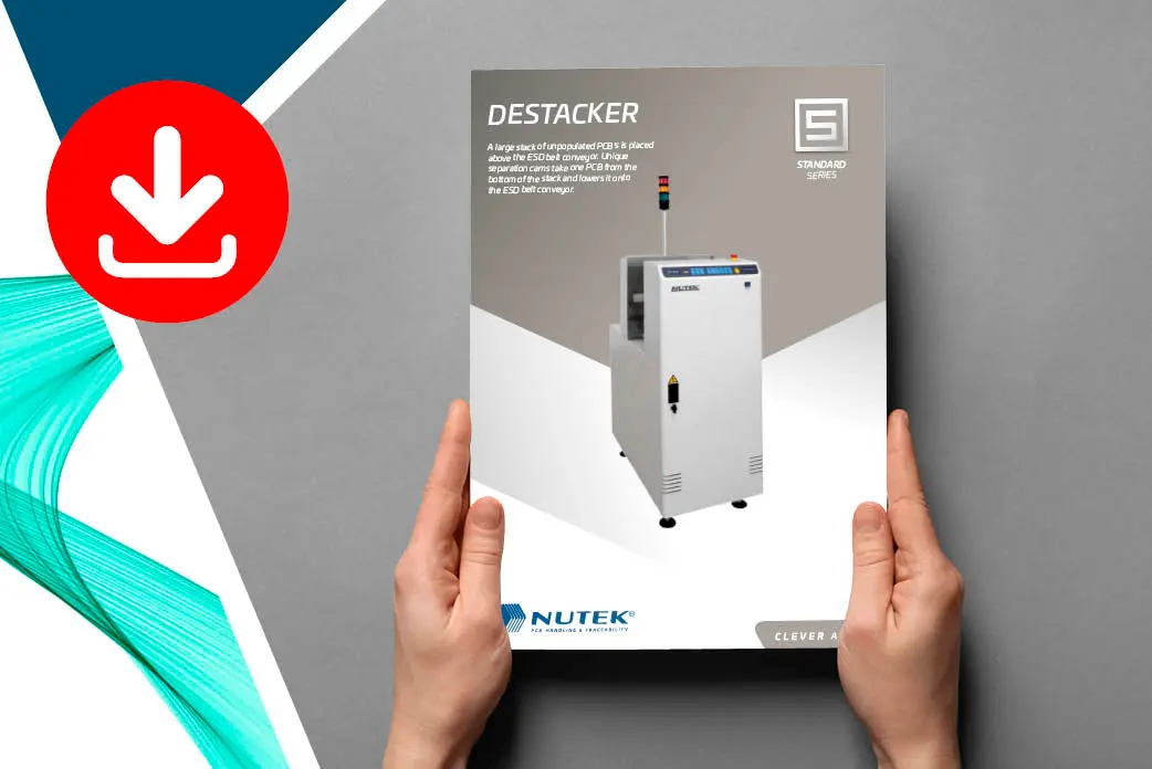 Hands holding a NUTEK destacker specification flyer along side a red download icon