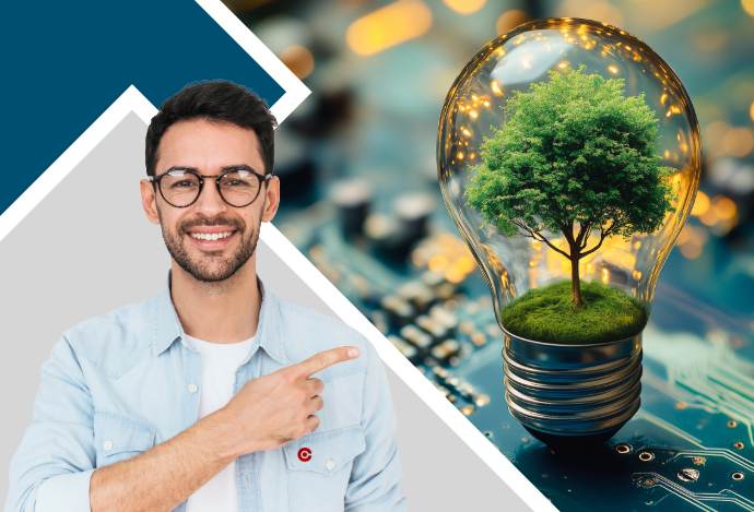 man pointing at a light bulb on a green PCB with a tree inside as he is ready for the greener reflow soldering demands of tomorrow