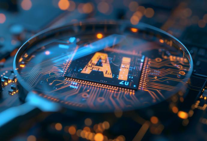 AOI inspection of a PCB looking through magnifying glass seeing AI written on component