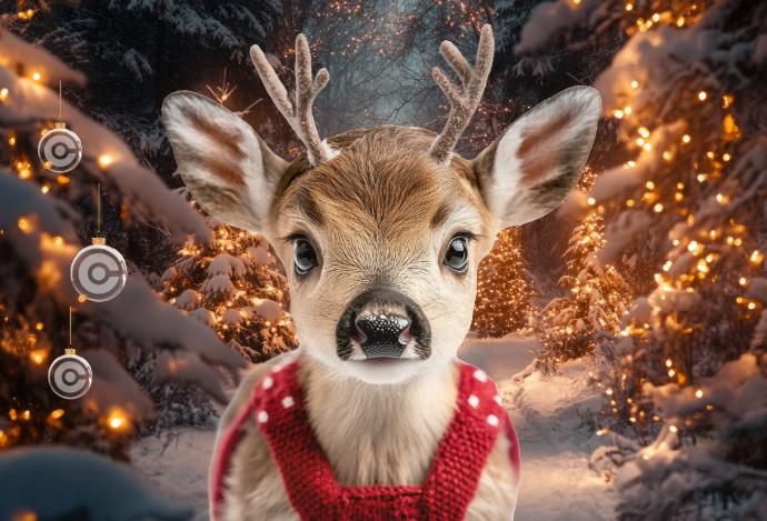 A Christmas deer in a forest with CORE-emt ornaments