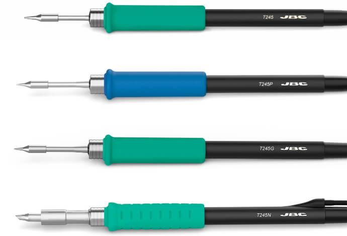 All four JBC T245 handles – general, blue grip, reinforced, and nitrogen model – with matching C245 tips