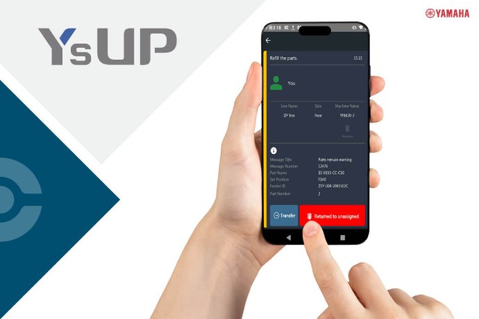 hand holding a mobile phone showing the New task feature a part of Yamaha YsUP