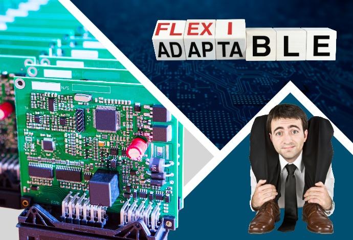 A pcb board with large components with the text Flexible adaptable along side a very flexible man
