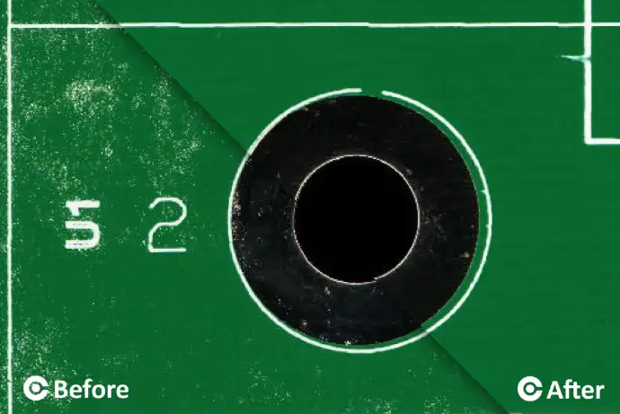 Example before and after PCB cleaning with Nutek cleaning conveyor