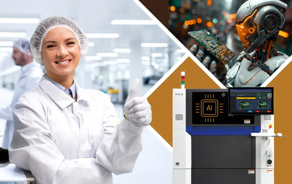 Illustration with woman in smt electronics factory with a robot looking a PCB and a AOI machine with a AI icon on it