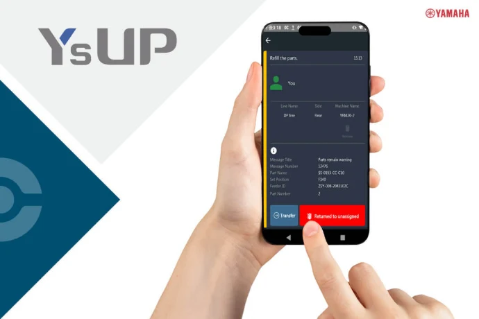 hand holding a mobile phone showing the New task feature a part of Yamaha YsUP