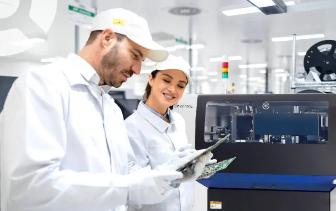 Electronics workers smiling while checking PCBs and YRP10e solder printer performance