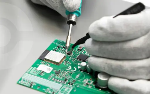PCB being soldered with a JBC soldering station