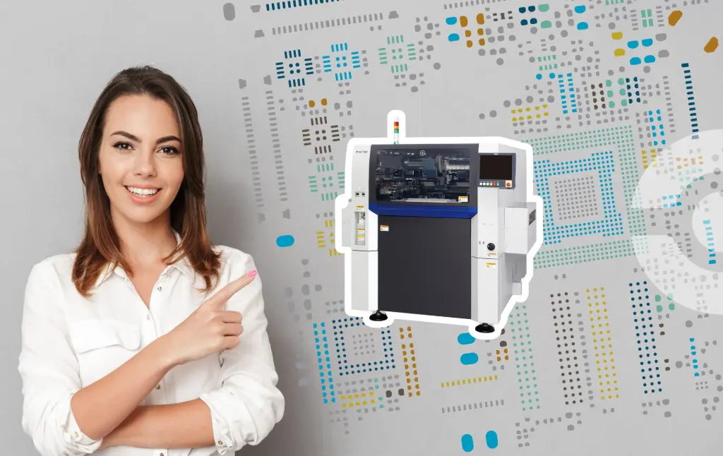 Woman pointing at a Yamaha solder printer machine behind her there is a graphic wall with solder print texture