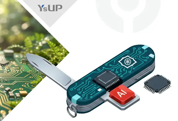 The Yamaha ecosystem depicted with a knife with alot of tools in it. The knife have a PCB surface. In the background there is a PCB with ferns growing from it.