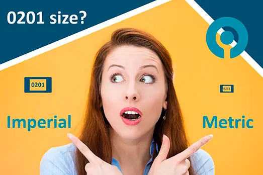 A woman pointing to a 0201 SMD  shown in imperial and metric size