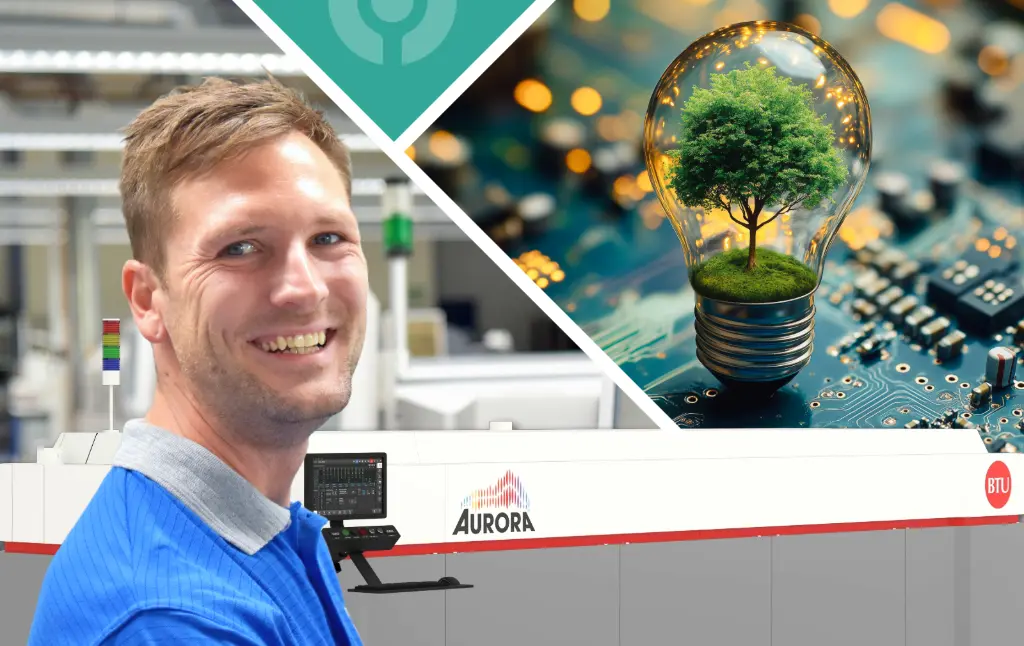 Smiling man infront of Aurora reflow oven with a depicted pcb with green SMT production associations