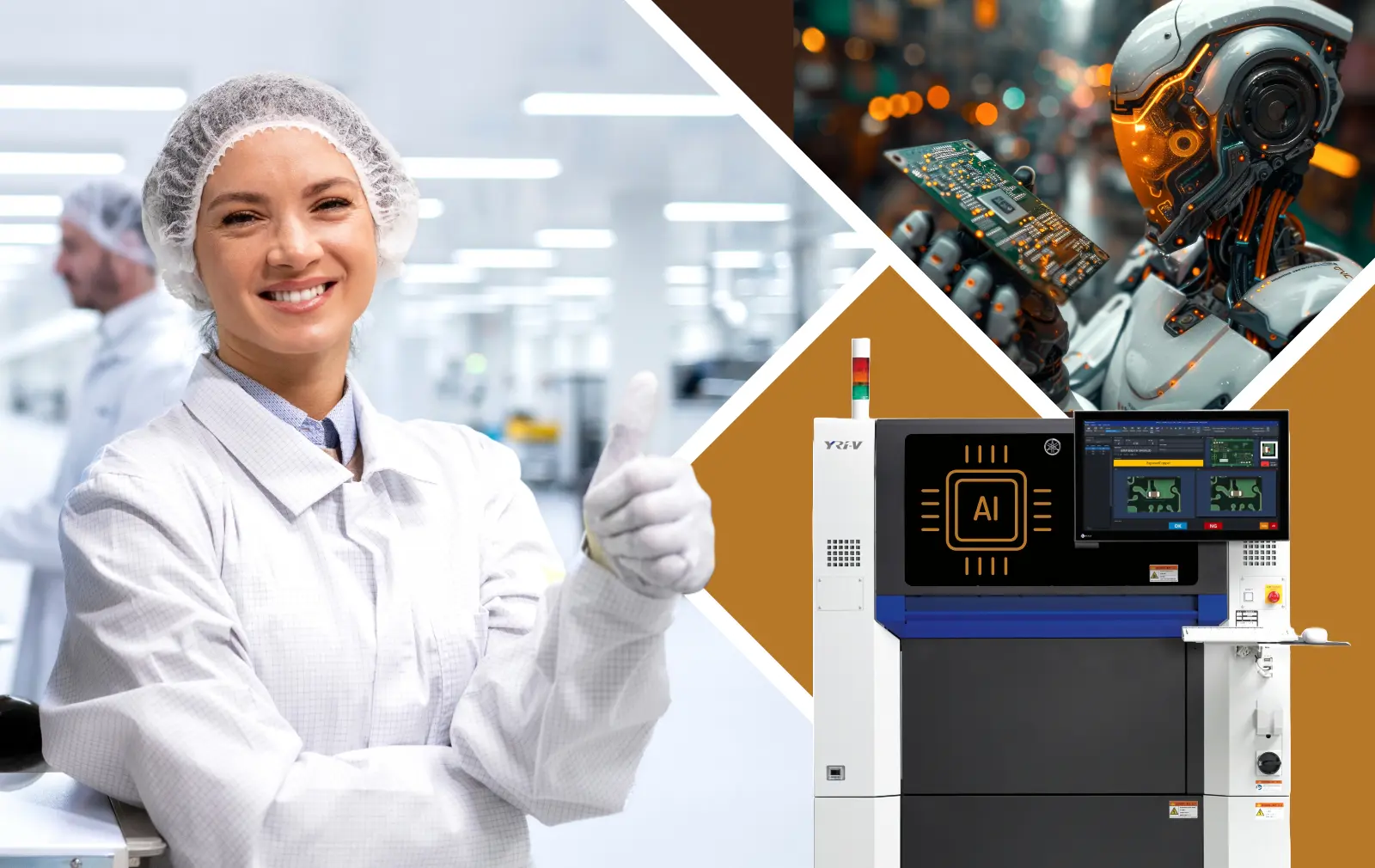 SMT operator giving thumbs up along side an AI robot looking a PCB board and an AOI machine