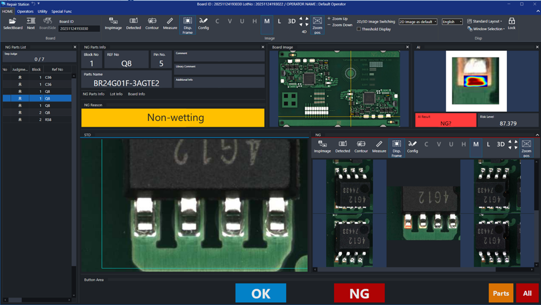 The AOI software showing how the operator sees the PCB inspection