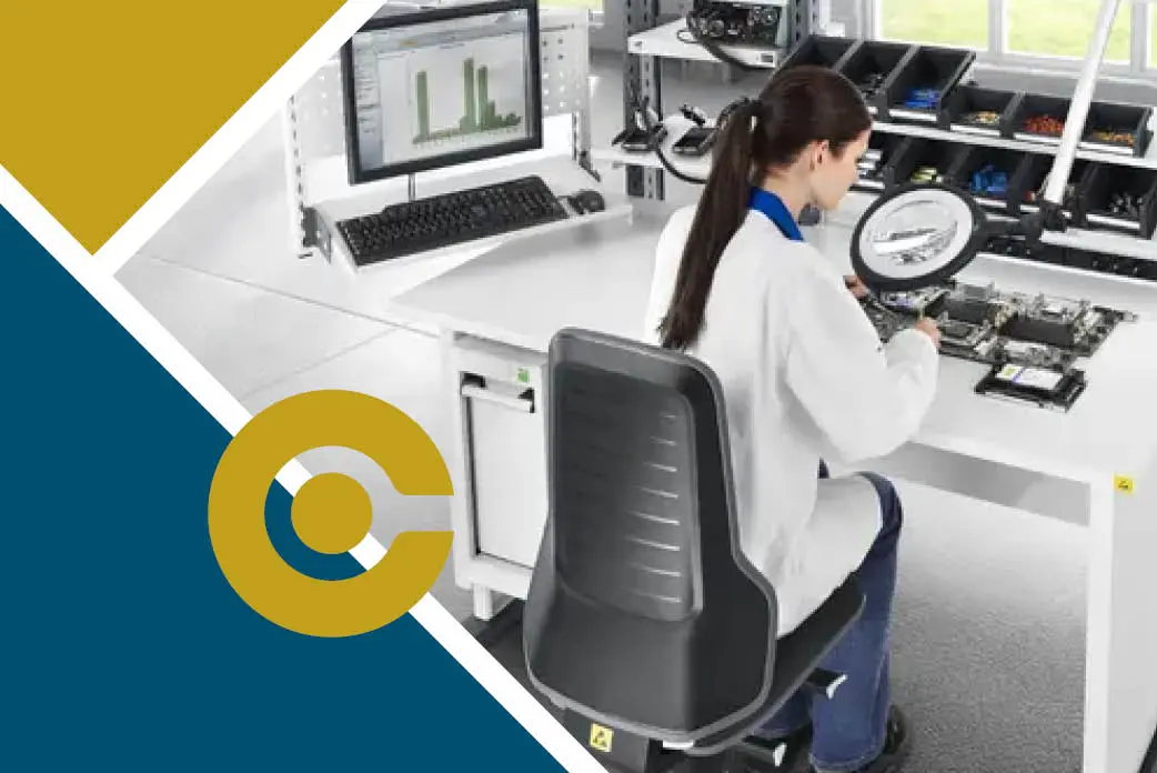 woman working at an ESD workstation at an electronics company