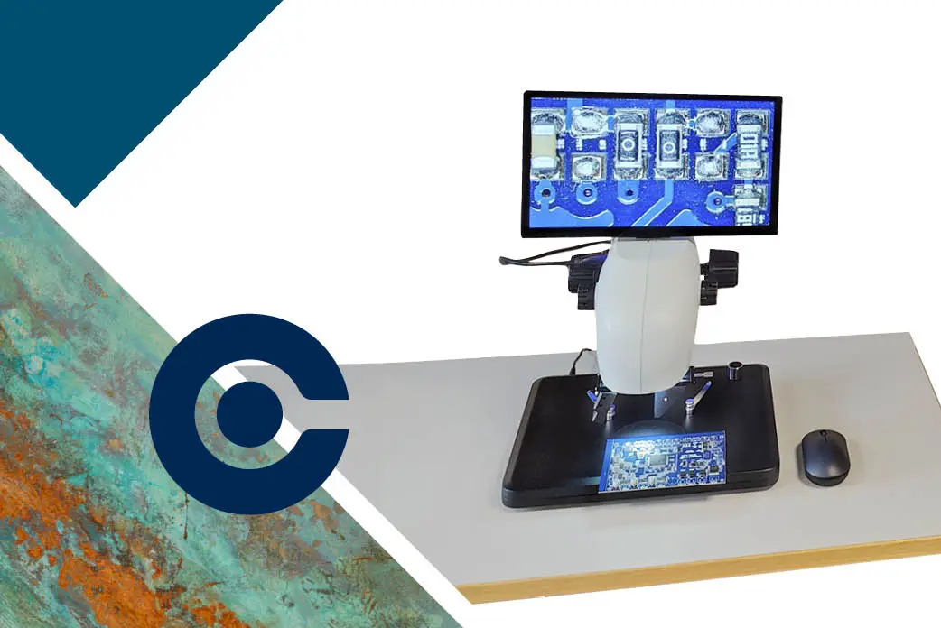 digital microscope that is turned on with a pcb inspection on display on the screen
