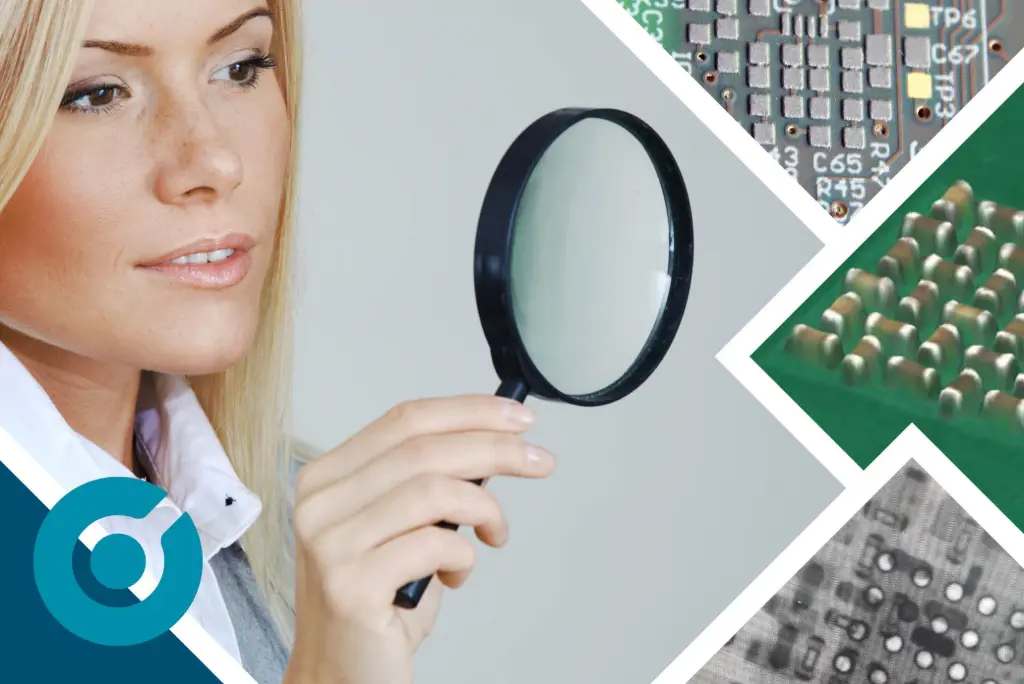 Woman looking through magnifying glass at a solder paste applied, aoi inspection and x-ray inspection