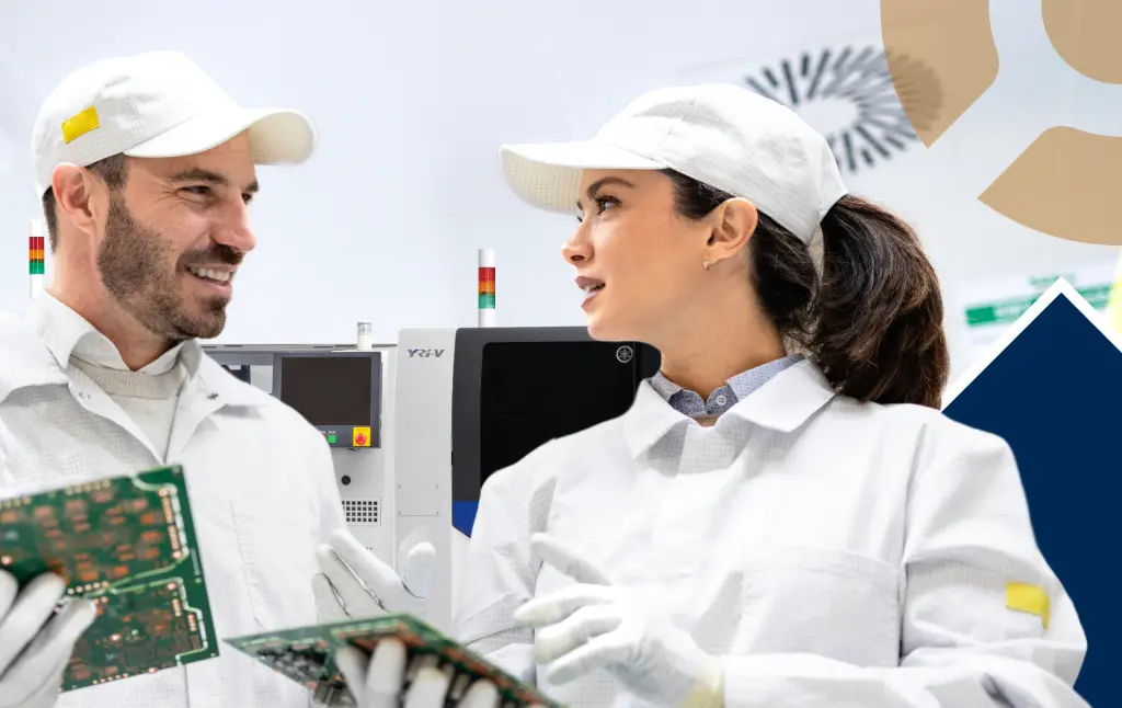 Electronics coworkers are looking at inspected PCB with the SMT line behind them