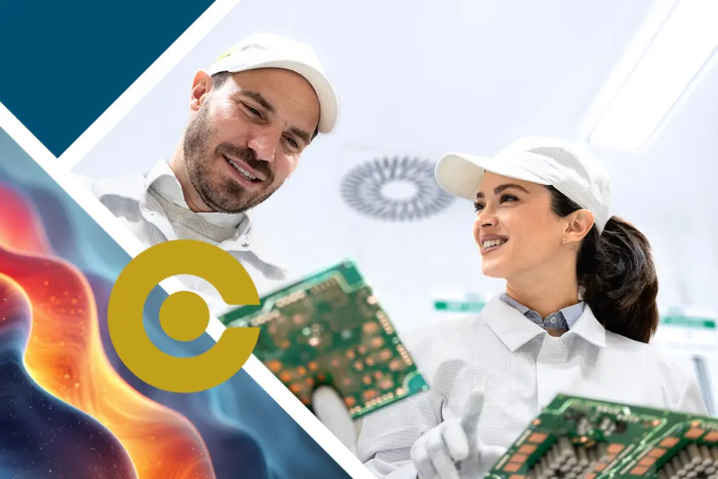 Happy coworkers talking about PCB inspection looking at PCB boards