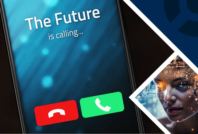 A mobile phone with the text the future is calling