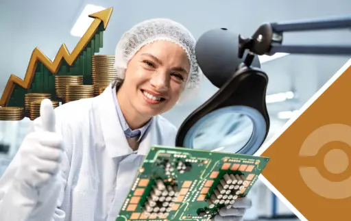 woman inspecting a PCB giving thumbs up. In the background there is  an growth arrow illustation