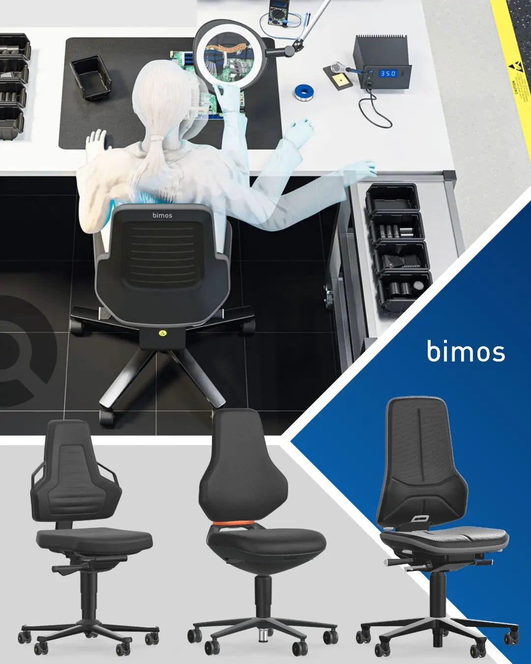 Bimos ESD chairs along side an illustration of a electronics workbench