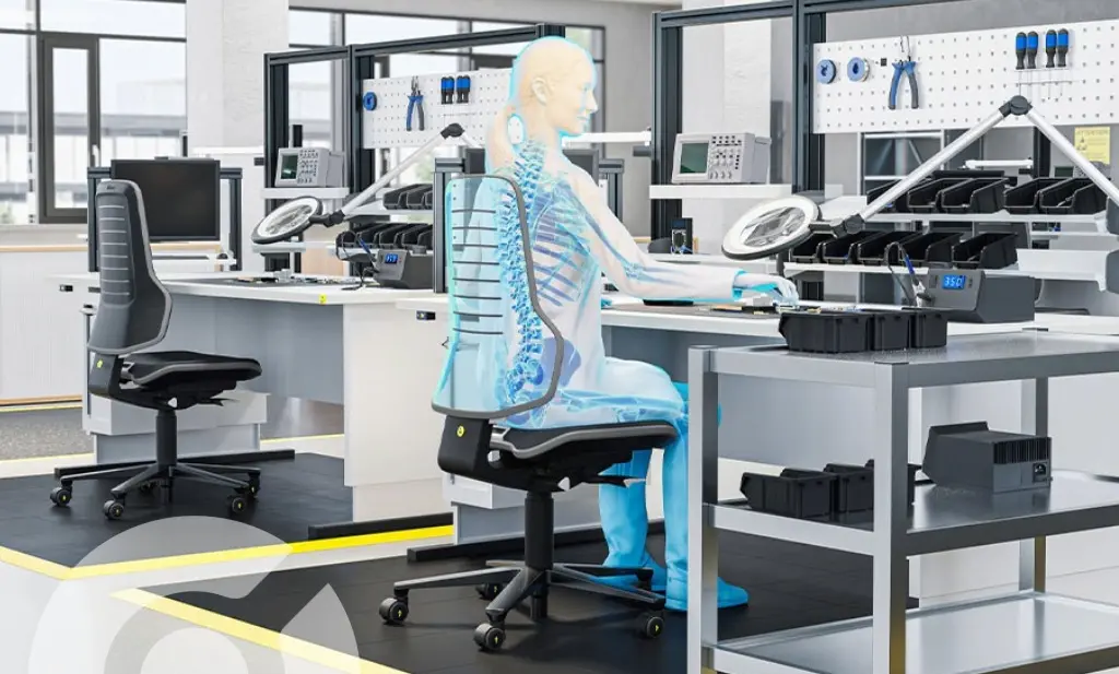 illustration of operators spine sitting on a chair working at her ESD workbench
